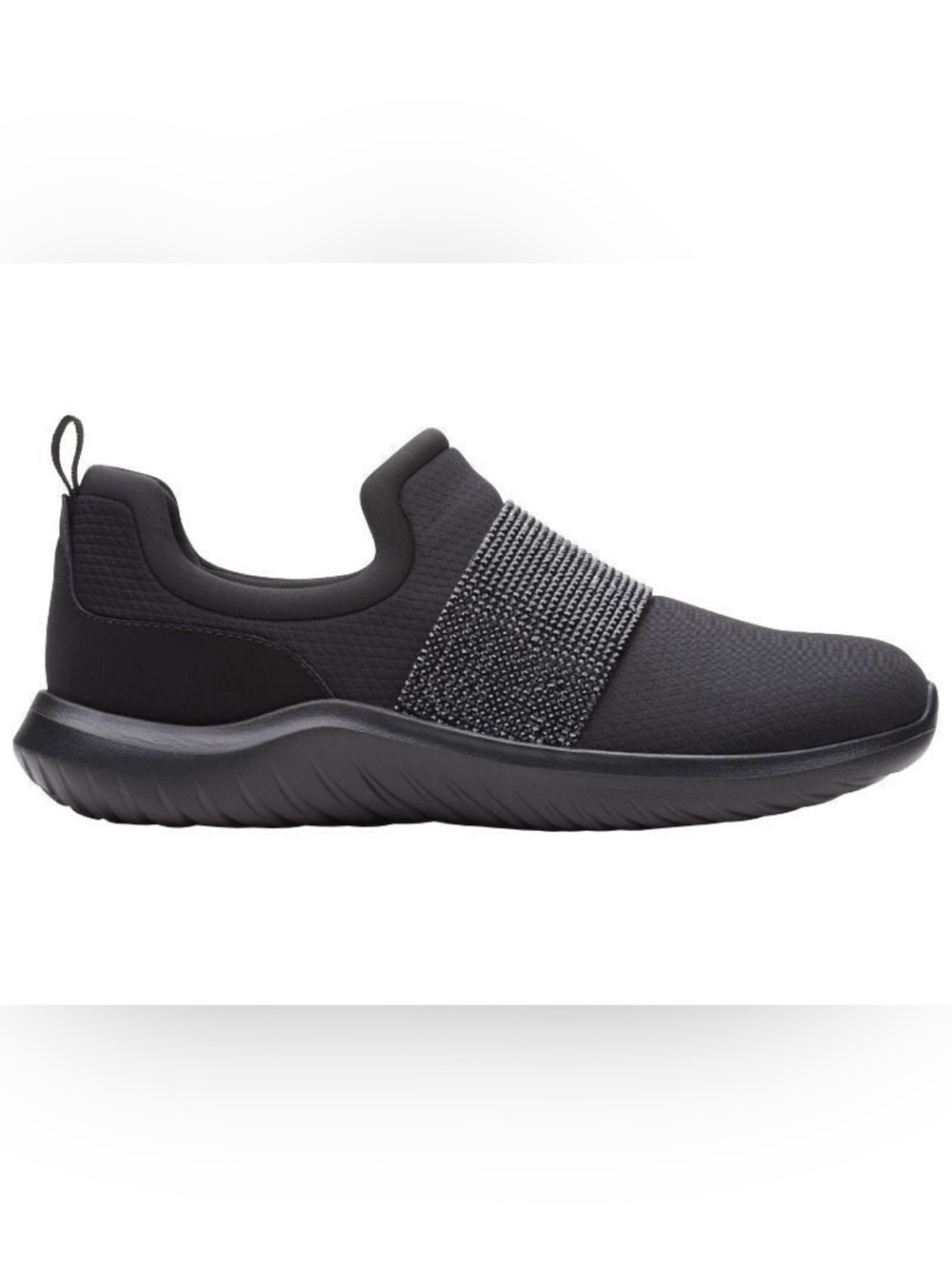 Clarks Cloudsteppers Nova Way Slip On Black Embellished Running Shoes, size W8.5